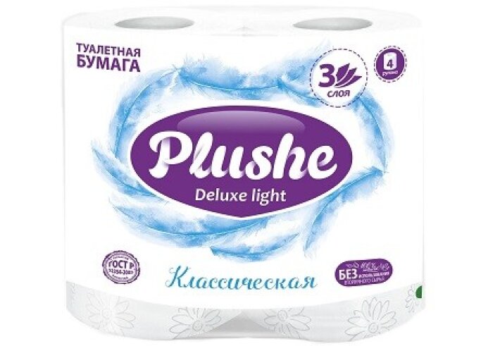 Туалетная бумага Plushe Deluxe Light Классическая 3 сл, 4 рул (15 м, белый)