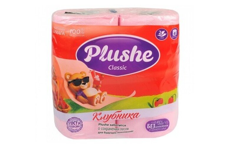 Туалетная бумага Plushe Classic Клубника 2 сл, 4 рул (18 м)