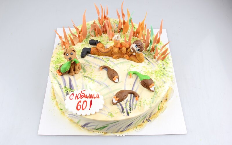 № 787 Торт "Праздничный" в оформлении сливки (декор из сахарной пасты) для мужчины, охота