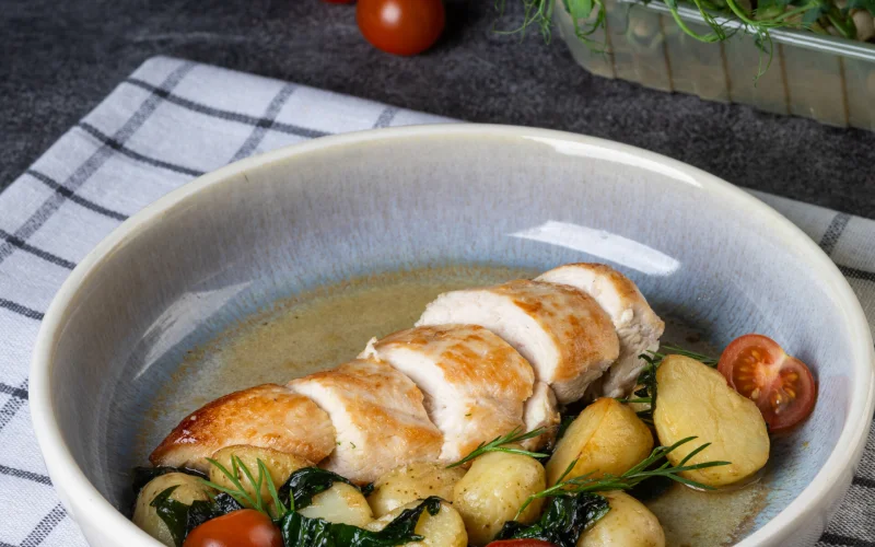 Куриная грудка с молодым картофелем и шпинатом